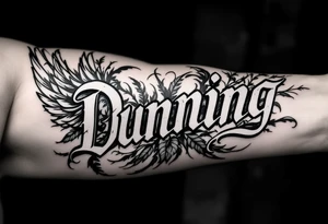 Dunning,on left arm details include angel wing, greek type of font,jungle leaves , tiger claw scratch tattoo idea