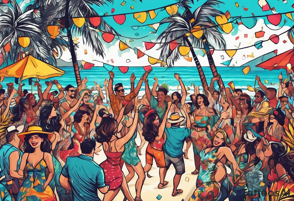 vintage beach dance party with music and confetti, tropical drinks tattoo idea