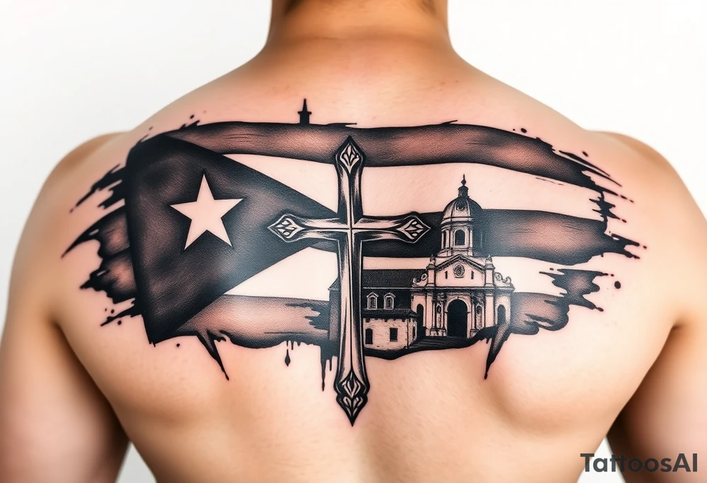 puerto rican flag , cross, old san juan in the background tattoo idea