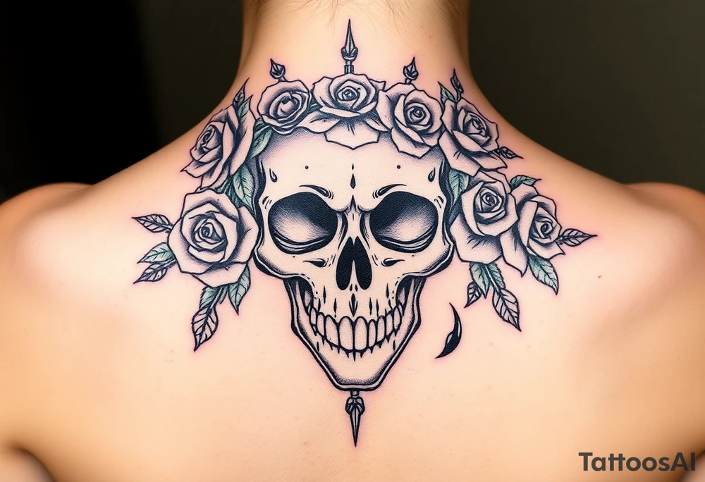 ornate skull adorned with crown of wild roses and thorns tattoo idea
