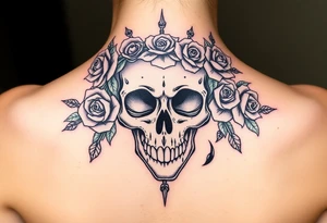 ornate skull adorned with crown of wild roses and thorns tattoo idea