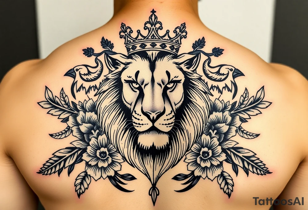 powerful majestic lion with a crown, surrounded by floral ornaments and birds tattoo idea