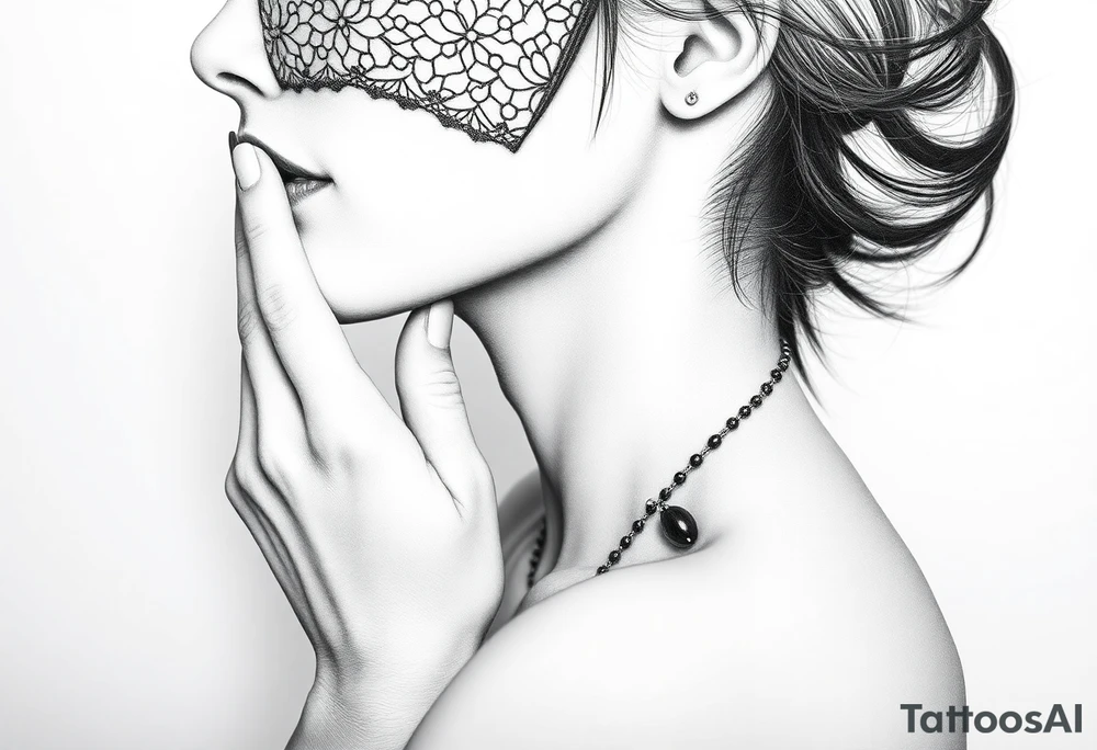 Black and white profile of woman with chin pressed on hand, lace covering  her eyes as she looks to the distance, biting pearl necklace tattoo idea