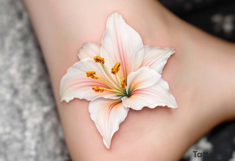A beautifully detailed white lily with soft golden accents, its petals gracefully curving outward, revealing subtle hints of blush pink near the center. Tiny dew droplets rest on the petals, reflecting light for a realistic effect. tattoo idea