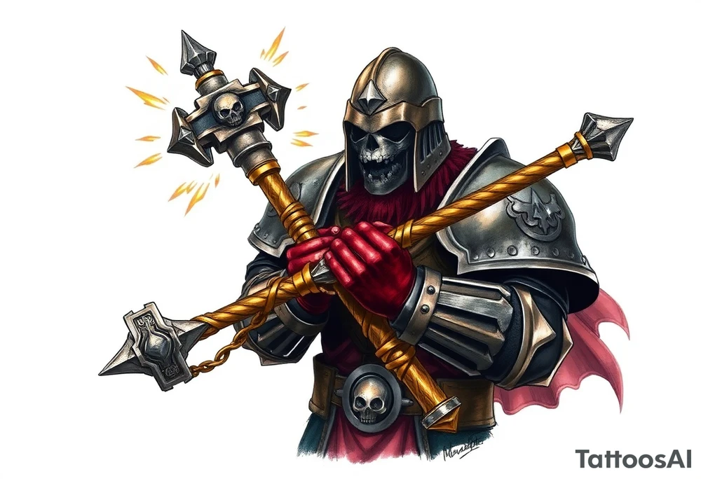 Warhammer, the Old World. A warrior priest of Sigmar holding "The Warhammer of Sigmar" or known as Ghal Maraz. The Warhammer of Sigmar is radiating thunderous energy. The warhammer is held by the warrior priest with both gripping hands at the shaft, upon his chest level. The Warrior priest is wearing dark alloyed heavy armour (reference armor from warhammer vermintide 2 Victor Saltzpyres, the warrior priest of Sigmar class) with skull sigils on his shoulder pads. The warrior priest is wearing a helmet, while the helmets front visor has an humanoid metal face covering. The helmet and armour are gladened with hints of gold and crimson red. The Warhammer is silverish and golden with a long shaft with twisted carvings. tattoo idea