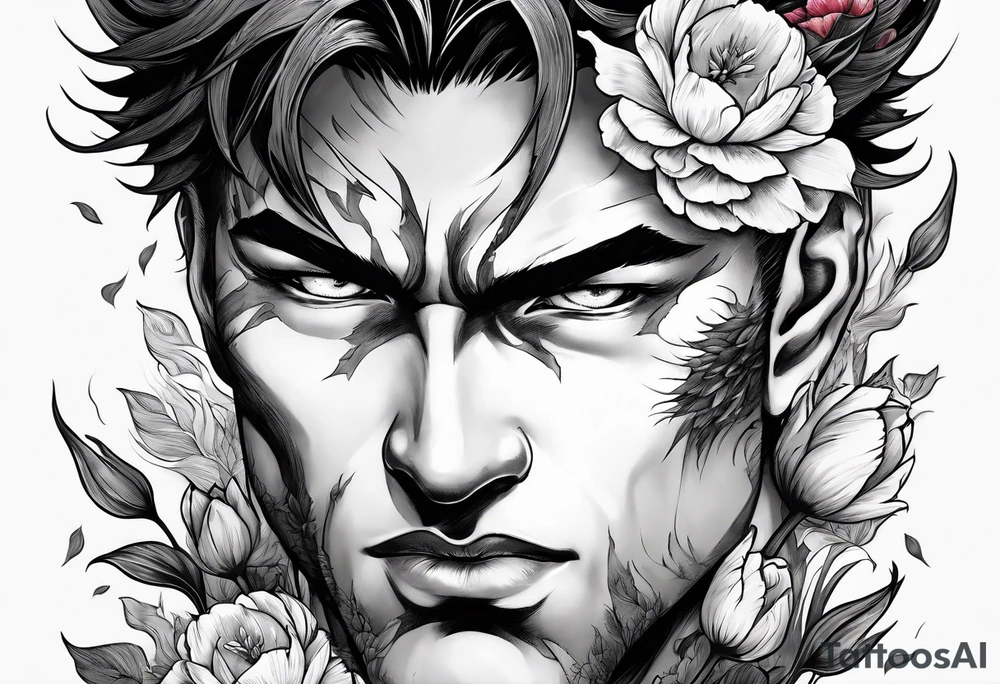 close up of ther face a berserk theme tattoo of guts with his sword on a land of flowers - tulips and peonys tattoo idea
