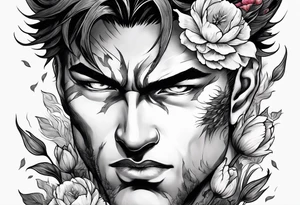 close up of ther face a berserk theme tattoo of guts with his sword on a land of flowers - tulips and peonys tattoo idea