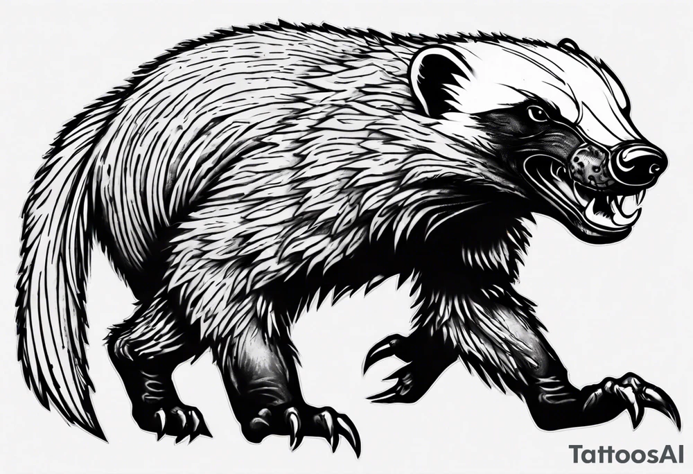 Angry, snarling, detailed full-length honey badger with numerous cuts tattoo idea