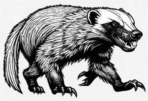 Angry, snarling, detailed full-length honey badger with numerous cuts tattoo idea