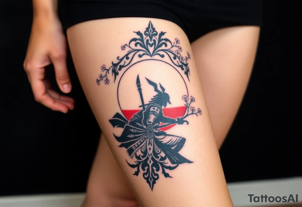 noble samurai warrior silhouette at sunset with cherry blossoms tattoo idea