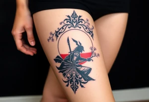 noble samurai warrior silhouette at sunset with cherry blossoms tattoo idea