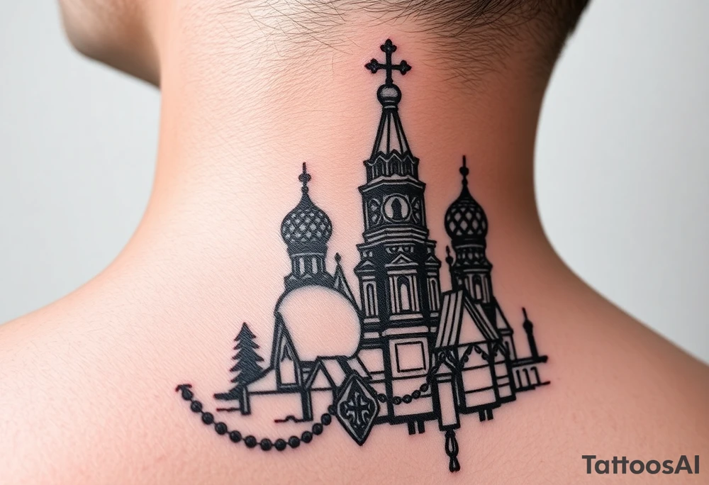 St. Basil's Cathedral scene with a christian orthodox in a ak47 style with a beaded thurible chain tattoo idea