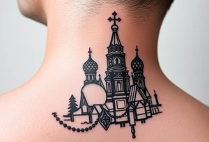St. Basil's Cathedral scene with a christian orthodox in a ak47 style with a beaded thurible chain tattoo idea