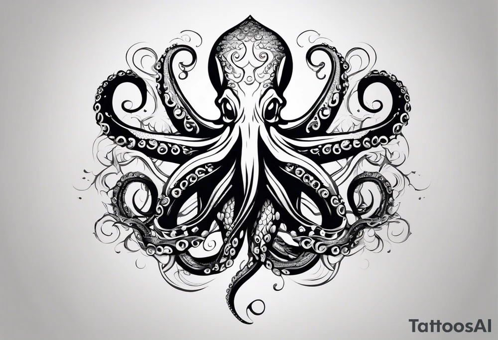 Tribal half sleeve. octopus surrounded by ribbons of water waves filled with fish. the octopus has no eyes. Use thick lines only with less detail. tattoo idea