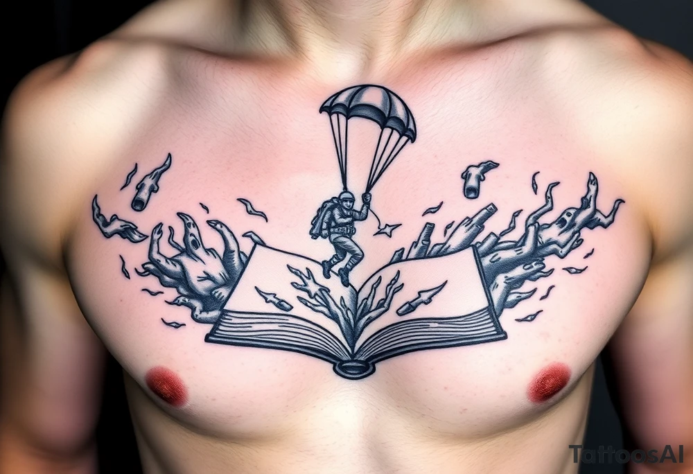 A parachuting soldier landing into an open book. Chaos surrounding, but the book is protecting the soldier from it. On the chest. Make the tattoo smaller. Make it thought provoking. Make the chaos in the environment be an eerie mist. Make the pages in the book be blank and the book be decorated tattoo idea