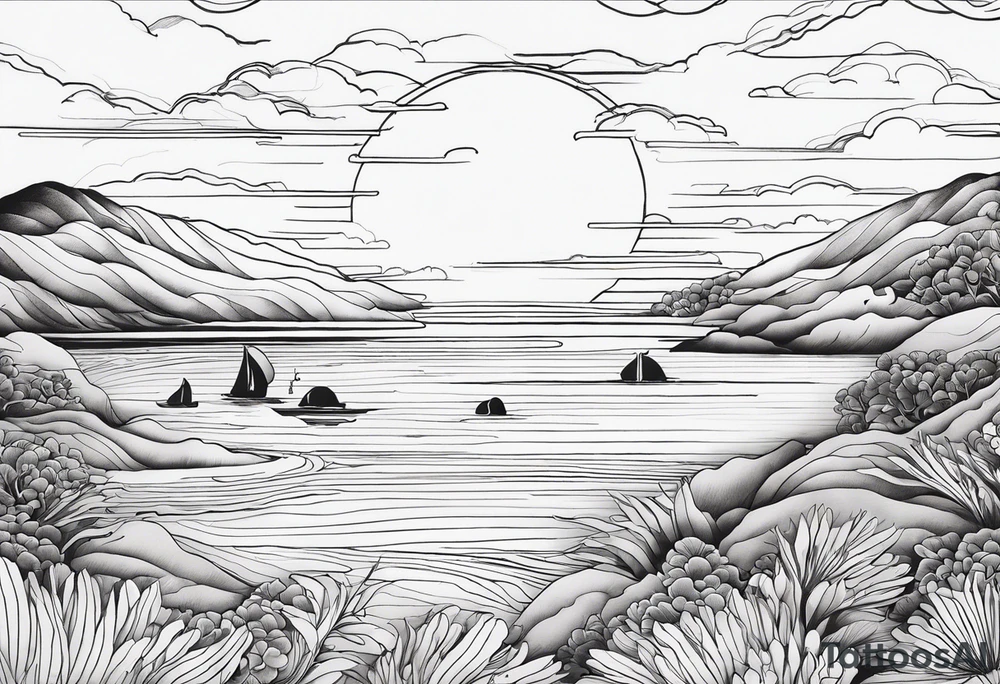 You're adding way too much. Please tone it back. Shy far away from japanese style. Fine line, minimal sunset. Only Ocean and sunset in the image. Very calm waters with barely any waves. tattoo idea