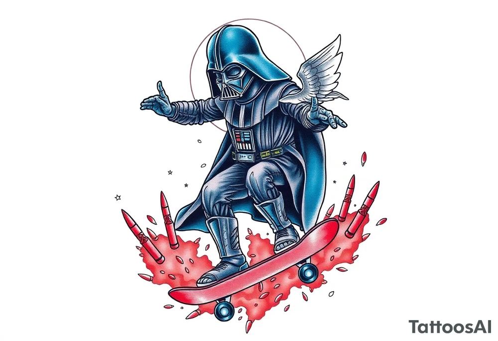 MEMORY TATTOO
Darth Vader skateboarding heaven, outdoors, bullets, star wars>blue and red 
"Darth Carter"
12/29/88-01/06/24 tattoo idea