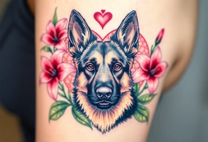strong short haired german shepherd with alert ears surrounded by pink lilies with large leaves in front of a sacred heart tattoo idea