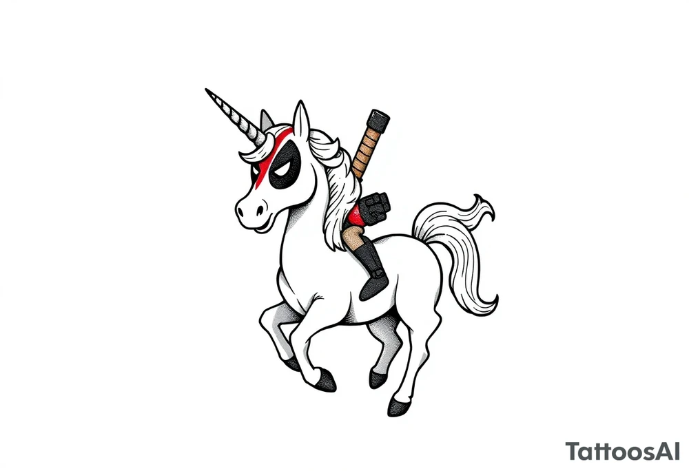 Silly glittery Deadpool riding unicorn  middle finger tattoo idea