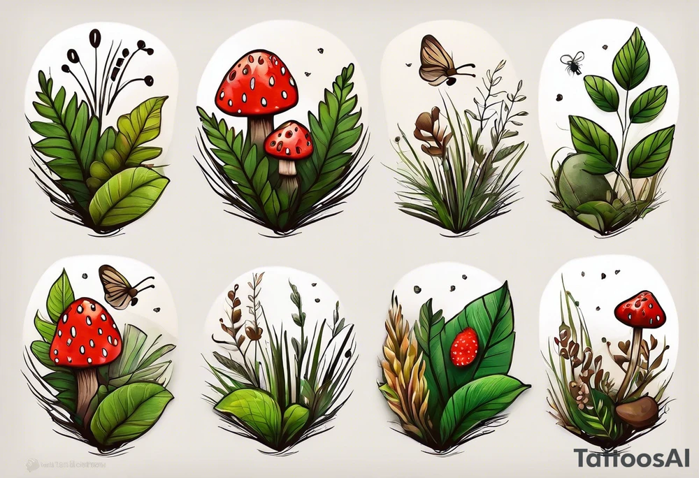 forest floor inspired minimalist tattoo, which includes grass, curly ferns and dead leaves as the bulk of the tattoo. details to include: three very tiny strawberries, a tiny bumblebee flying nearby, three small brown mushrooms tattoo idea