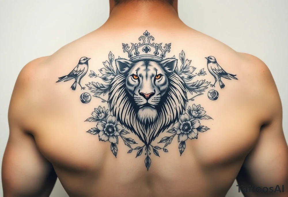 powerful majestic lion with a crown, surrounded by floral ornaments and birds tattoo idea