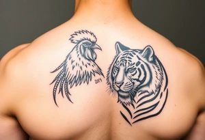Rooster dog and tiger together tattoo idea