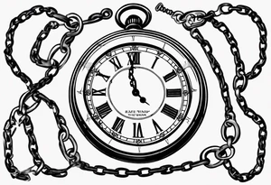 Pocket watch with chain, Roman numerals, date in Roman numerals inside timepiece, classic, elegant, traditional tattoo idea
