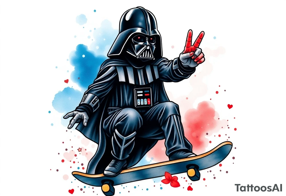 MEMORY TATTOO
Darth Vader skateboarding with Hawaiian hand signal hang loose in heaven, outdoors, bullets, star wars>blue and red 
"Darth Carter"
12/29/88-01/06/24 tattoo idea