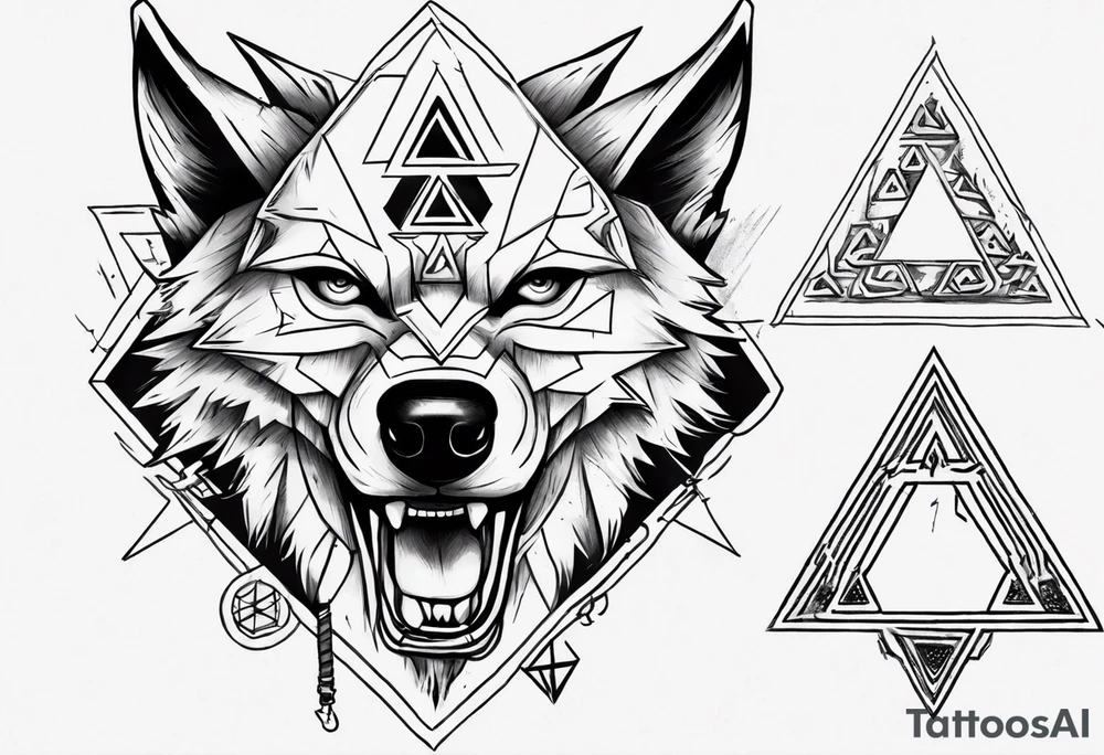 wolf head with triforce on forehead and a triangle in the background tattoo idea