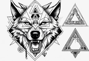 wolf head with triforce on forehead and a triangle in the background tattoo idea