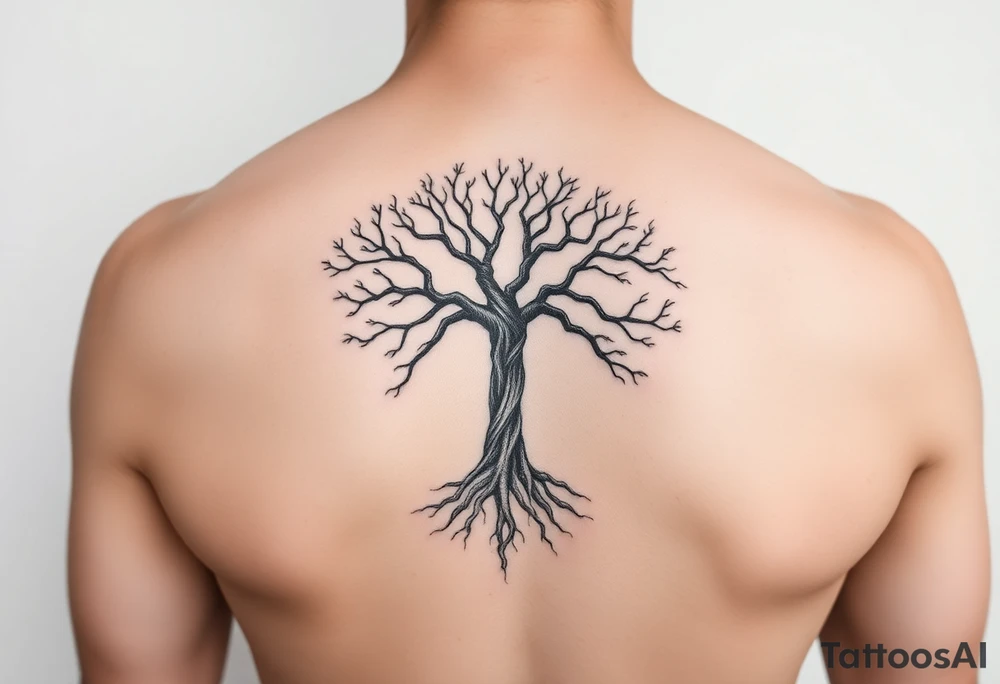 mystical tree of life with cosmic roots and celestial branches tattoo idea