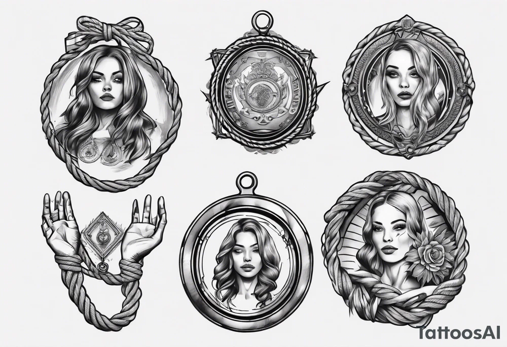 woman hand holding medallion with rope tattoo idea