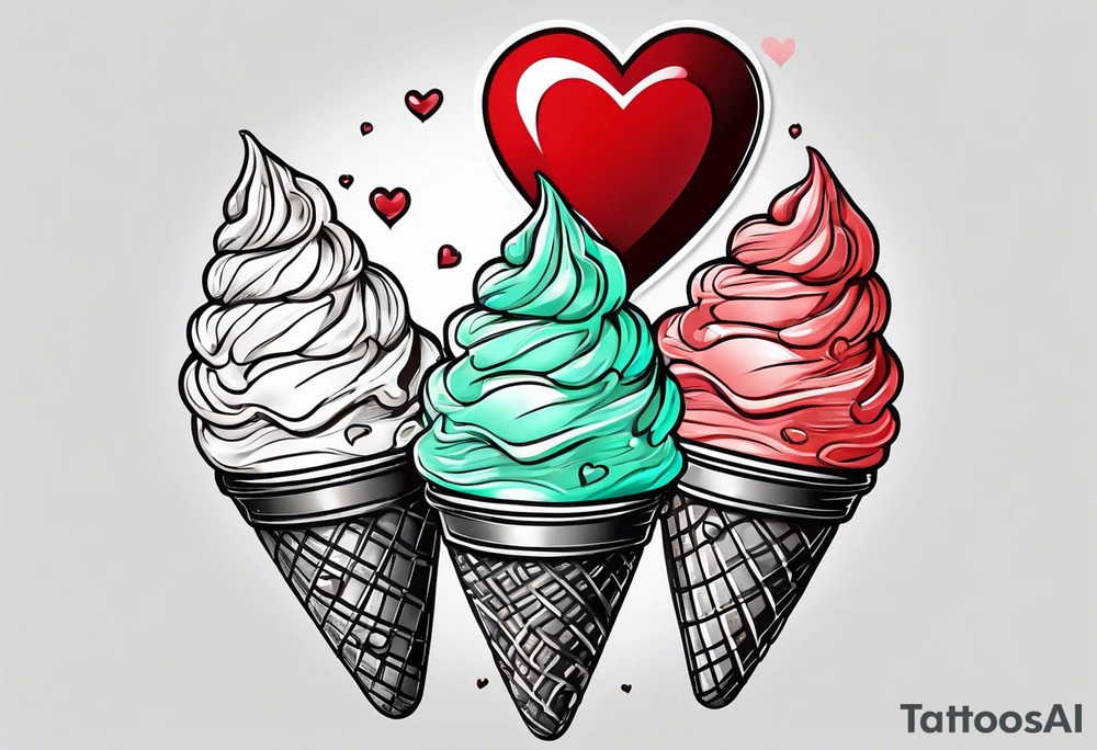 mint chocolate chip ice cream cone with small red heart on it somewhere. tattoo idea