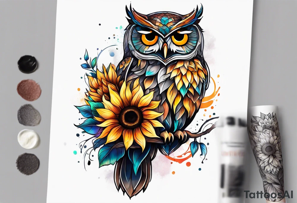 Leg sleeve with colorful sunflowers and an owl tattoo idea