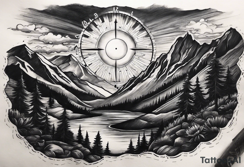 Half sleeve. View from the base of the mountains looking up to the sun. The sun is a clock that reads 12:01 to signify a new day. I want a clock tower in the middle of the mountains with the times my two sons were born. This tattoo represents overcoming massive obstacles and becoming a better person. tattoo idea