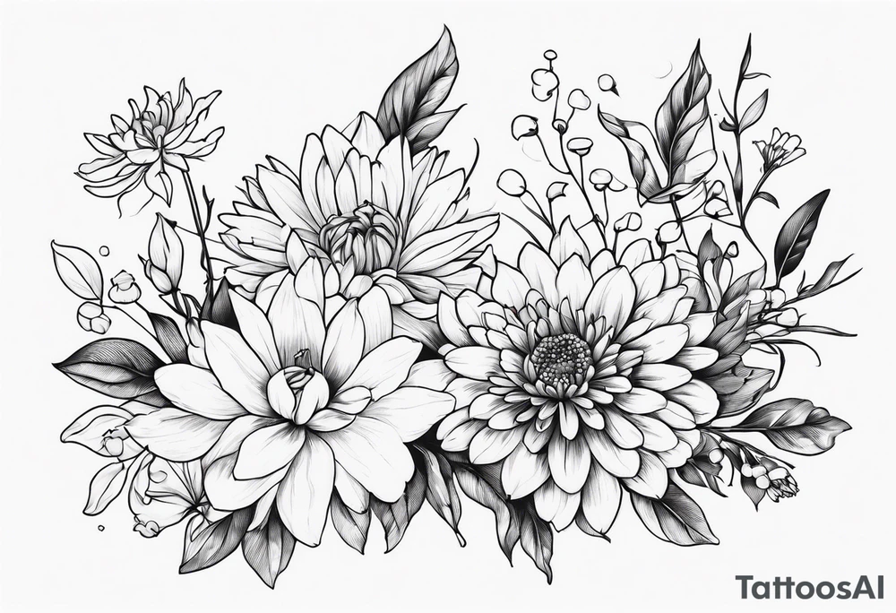 Asters, roses, lily of the valley, and chrysanthemums in a long line tattoo idea