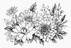 Asters, roses, lily of the valley, and chrysanthemums in a long line tattoo idea