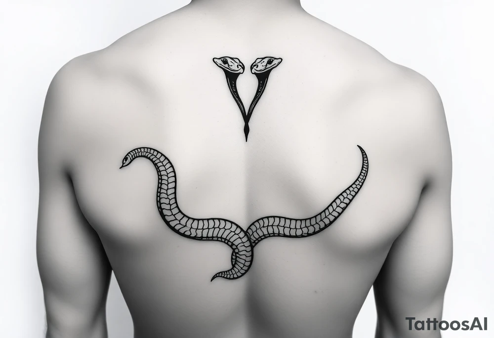 Id like a back tattoo with two snakes.  The illustration should be minimal with "skin-break."  I'd like the tails to be intertwined to accentuate my upper buttocks/upper butt crack, and Id like the snakes to moving upwards to the upper back, with the heads stopping just under my shoulder blades.  Almost like a "V shape" but very organic, like a symmetrical winding road.  Id like the tattoo to be sexy and accentuate my back to make my waist look small.  Black and white. Minimal.  Fine line. Please use a male body type. tattoo idea