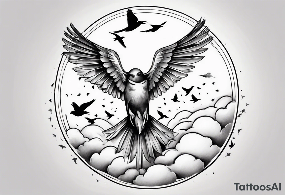 shoulder tattoo with light rays with birds flying free among the clouds, round shape, 3d effect tattoo idea