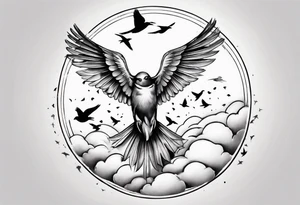 shoulder tattoo with light rays with birds flying free among the clouds, round shape, 3d effect tattoo idea