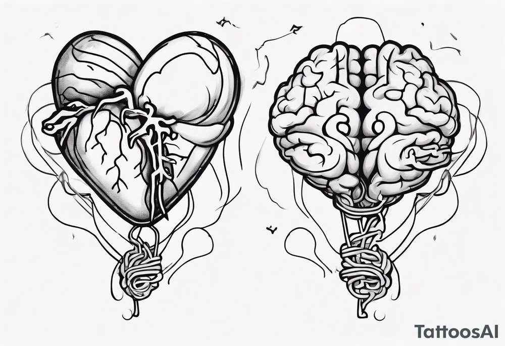 A simple line design anatomical heart and anatomical brain tied with balloon string being held by a woman's hand tattoo idea