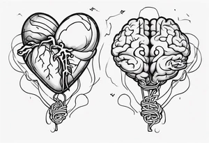 A simple line design anatomical heart and anatomical brain tied with balloon string being held by a woman's hand tattoo idea