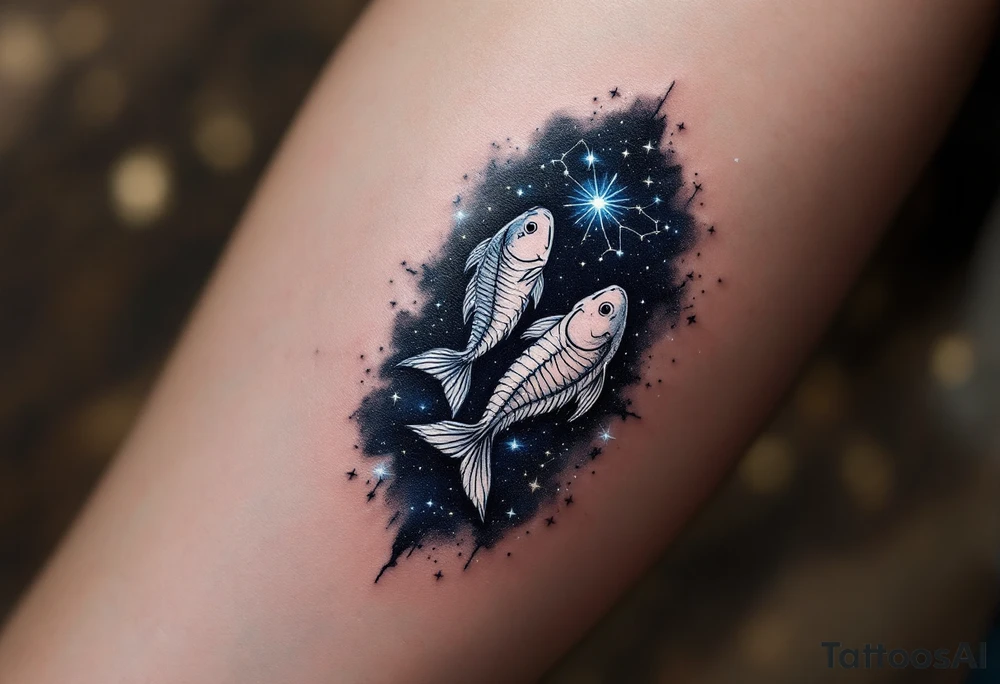 The Pisces zodiac sign floats beneath a delicate constellation drawn in pearlescent ink over a night-sky backdrop. tattoo idea