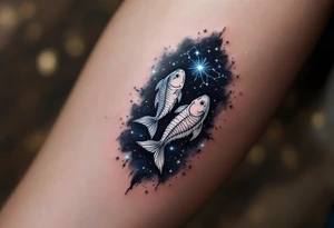 The Pisces zodiac sign floats beneath a delicate constellation drawn in pearlescent ink over a night-sky backdrop. tattoo idea