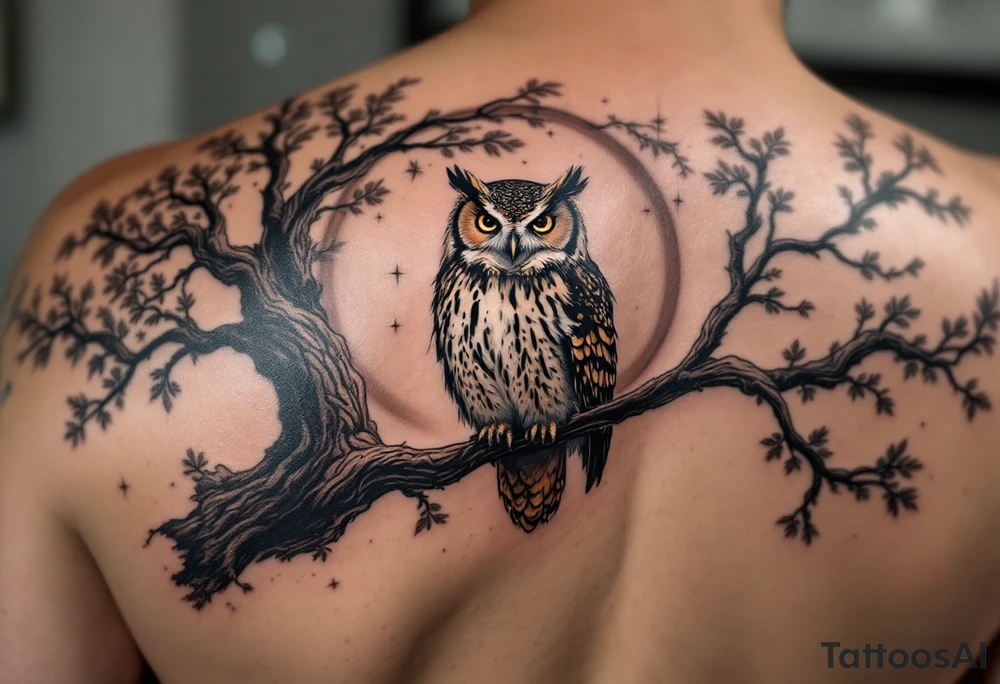 wise owl perched on ancient oak branch under starlit sky tattoo idea