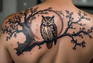 wise owl perched on ancient oak branch under starlit sky tattoo idea