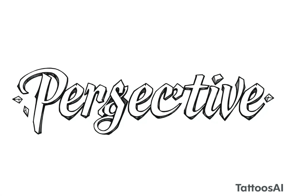 The word perspective written in thin font, each letter facing a different direction. Surrounded in 3D polygonal shapes tattoo idea