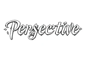 The word perspective written in thin font, each letter facing a different direction. Surrounded in 3D polygonal shapes tattoo idea