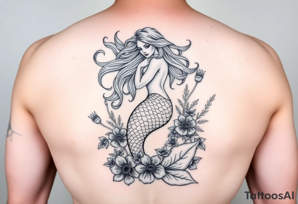 ethereal mermaid with flowing hair among coral and sea flowers tattoo idea