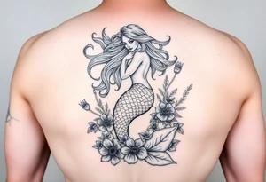 ethereal mermaid with flowing hair among coral and sea flowers tattoo idea